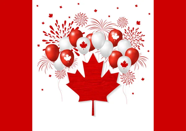 Diseño del día de Canadá de bandera y balón con ilustración de vector de fuegos artificiales — Archivo Imágenes Vectoriales