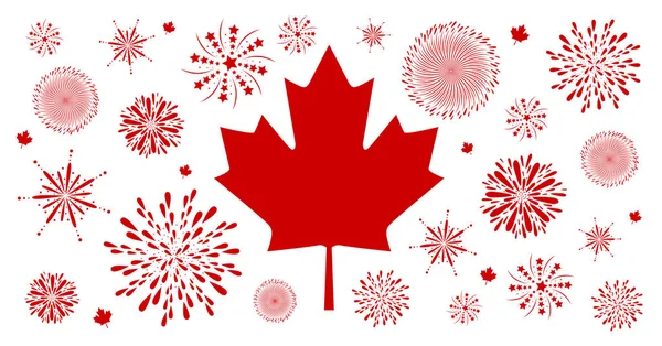 Canadá día de diseño de fondo de bandera y fuegos artificiales en el respaldo blanco — Archivo Imágenes Vectoriales
