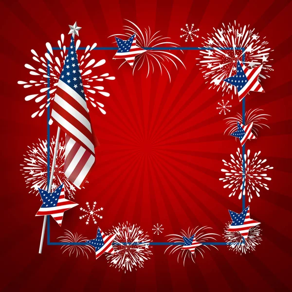 USA background design of america flag and fireworks with line frame vector illustration — Stock Vector