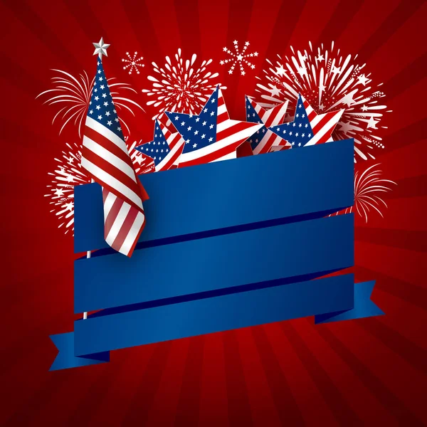 Estados Unidos banner diseño de bandera de América y fuegos artificiales con cinta azul en blanco en ilustración vector de fondo rojo — Archivo Imágenes Vectoriales