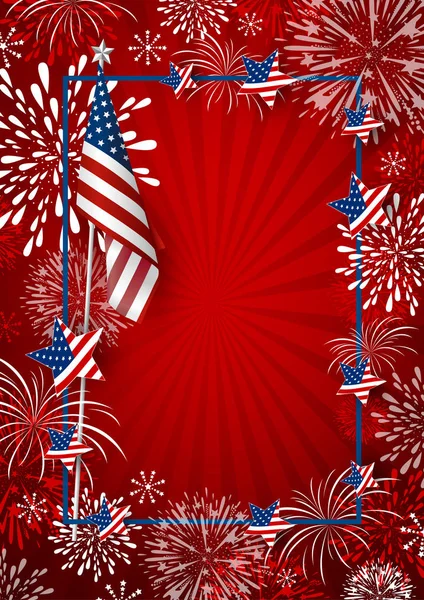 USA disegno di sfondo della bandiera americana e fuochi d'artificio con illustrazione vettoriale cornice linea — Vettoriale Stock