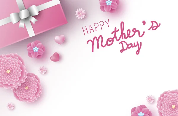 Desenho de banner de dia de mães de flores rosa com coração em fundo branco ilustração vetorial — Vetor de Stock