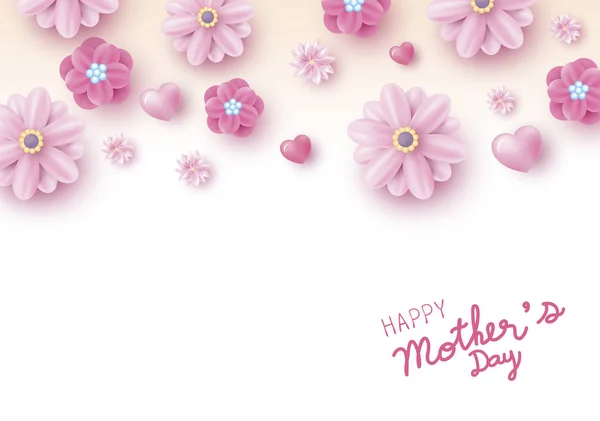 Madres banner día diseño de flores de color rosa con el corazón sobre fondo blanco vector ilustración — Vector de stock