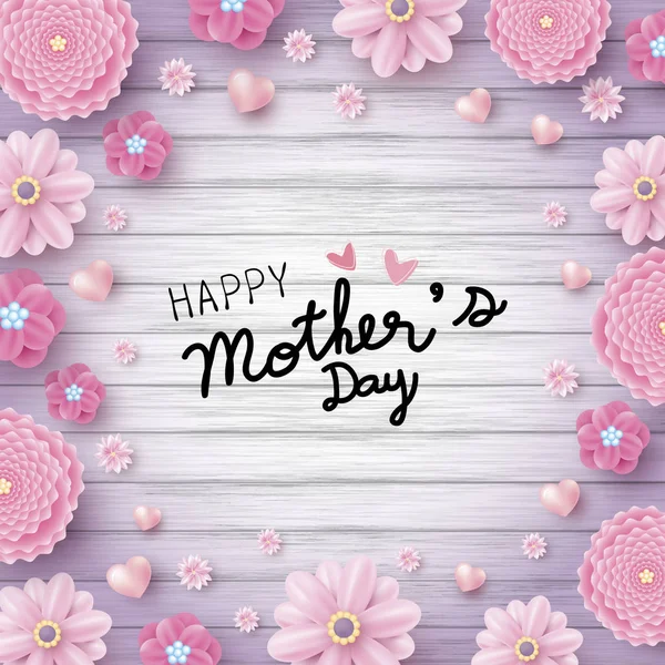 Glückliche Muttertagsbotschaft und rosa Blumen mit Herzen auf Holz Textur Hintergrund Vektor Illustration — Stockvektor
