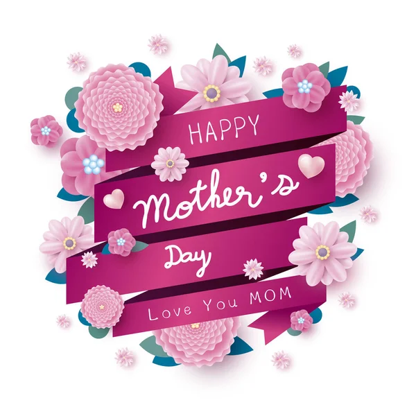 Glückliche Muttertagsbotschaft und rosa Blumen mit Schleife auf weißem Hintergrund Vektor-Illustration — Stockvektor