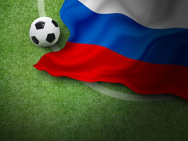Μπάλα ποδοσφαίρου και Ρωσία σημαία για την πράσινη χλόη στο στάδιο με αντίγραφο χώρου — Φωτογραφία Αρχείου