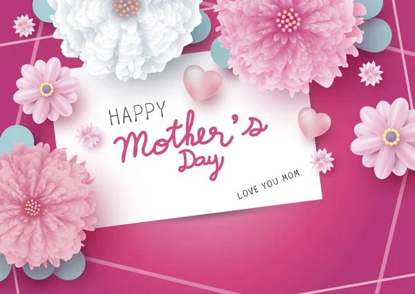 Frohe Muttertagsbotschaft auf weißer Papierkarte und Blumen mit Herz auf rosa Hintergrund Vektor-Illustration — Stockvektor