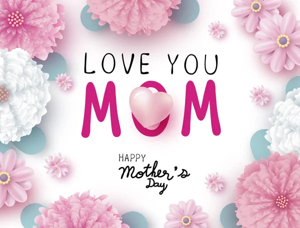Dia das mães design conceito de amor você mensagem MOM com coração e flores na ilustração vetor de fundo branco — Vetor de Stock