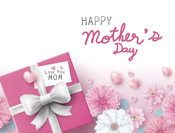 Dia das mães conceito design de caixa de presente com amor você mãe mensagem e flores no fundo branco vetor ilustração — Vetor de Stock