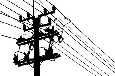 Siluet elektrik direği veya elektrik sonrası izole üzerinde beyaz arka plan