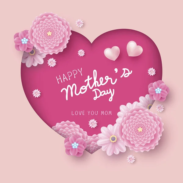 Glücklich Muttertag Karte Konzept Design von Papier Herzen Form und rosa Blumen Vektor Illustration — Stockvektor