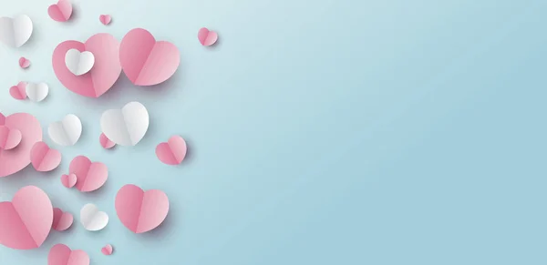 Valentines day banner design of paper hearts on blue background with copy space vector illustration — 스톡 벡터