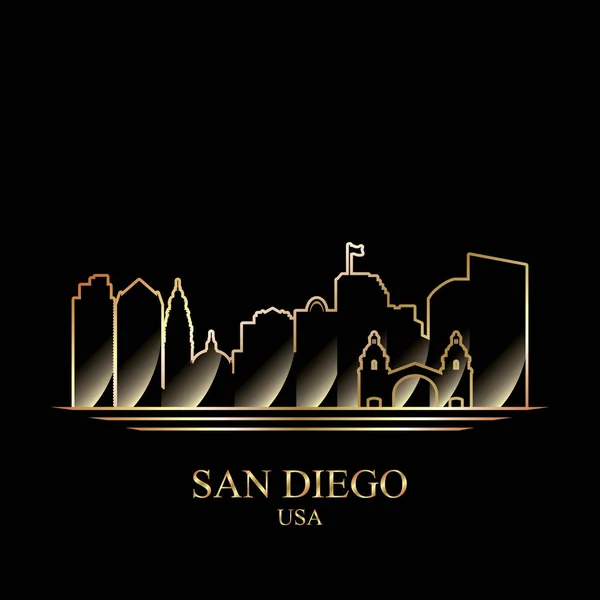 Goldsilhouette von san diego auf schwarzem Hintergrund — Stockvektor