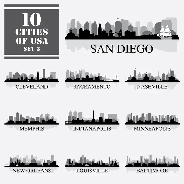 고립 된 미국 #3, 상세한의 10 개 도시 silh — 스톡 벡터