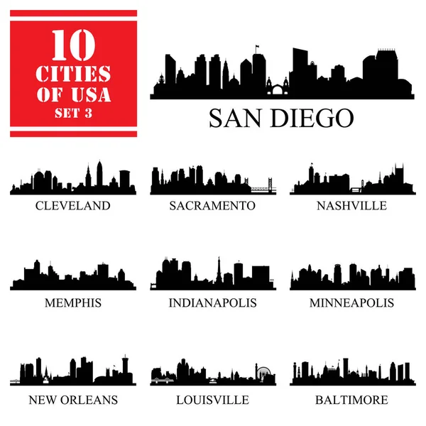 10 ciudades de Estados Unidos de América # 3, silh aislado detallado — Archivo Imágenes Vectoriales