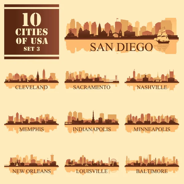 10 cities of United States of America #3, detailed isolated silh — Stock Vector