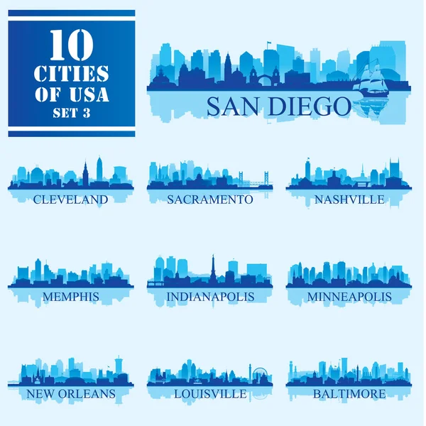 10 városok, az Egyesült Államok #3, részletes elszigetelt silh — Stock Vector