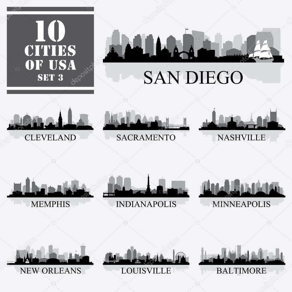 10 cities of United States of America #3, detailed isolated silh