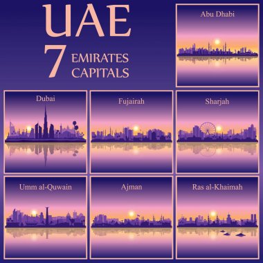All the capital cities of the United Arab Emirates on sunset bac clipart