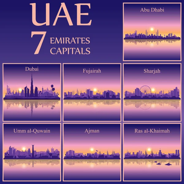 Todas las capitales de los Emiratos Árabes Unidos en sunset bac — Vector de stock