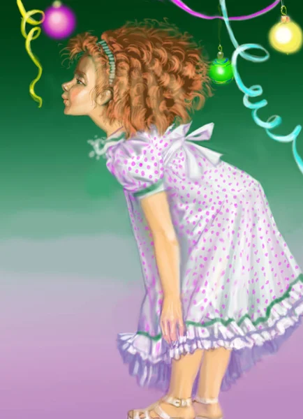 Девушка Зелено Лиловом Фоне Праздничными Воздушными Шарами Лентами — стоковое фото