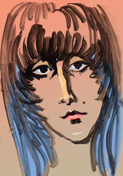 sketch of a portrait of a sad young girl with blue hair.