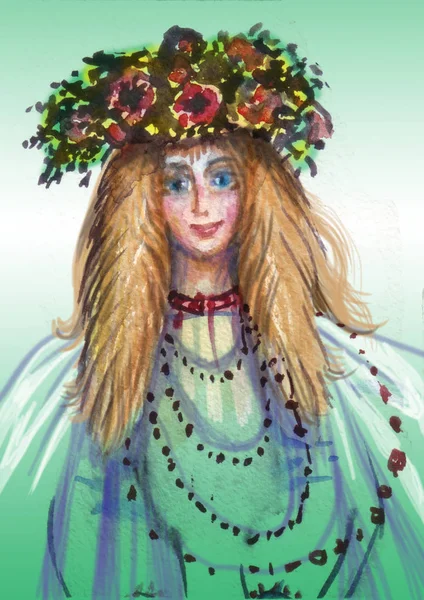 Kafasında çelenk olan uzun saçlı bir kız.