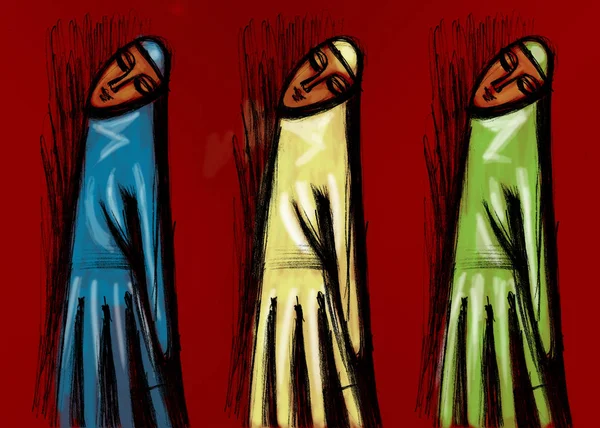 Kırmızı arka planda üç kadın figürü