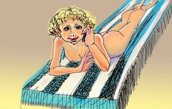 Güzel genç bir kadın sahilde dinleniyor.