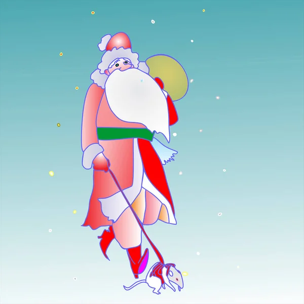 Yürüyen Noel Baba ve tasmalı beyaz bir fareye yol gösteriyor.