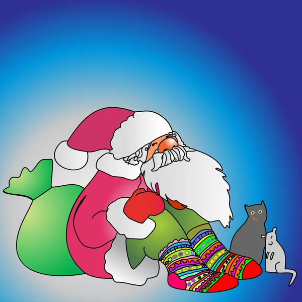 Santa Claus in knitted ornamental socks sits in the company of a mouse and a cat. — Stock Vector