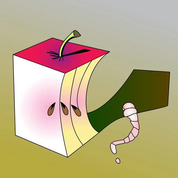 Gri-yeşil arka planda soyut kare elma ve solucan