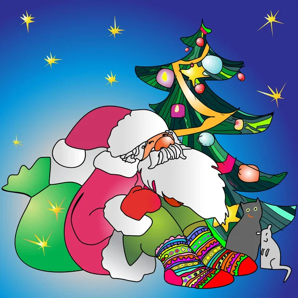 Santa Claus in knitted ornamental socks sits in the company of a mouse and a cat. — Stock Vector