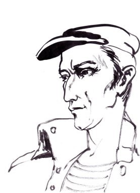 Beyaz arka planda izole edilmiş, şapkalı zayıf bir adamın portresi. 