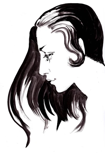 Kresba Portrétu Smutné Mladé Dívky — Stock fotografie