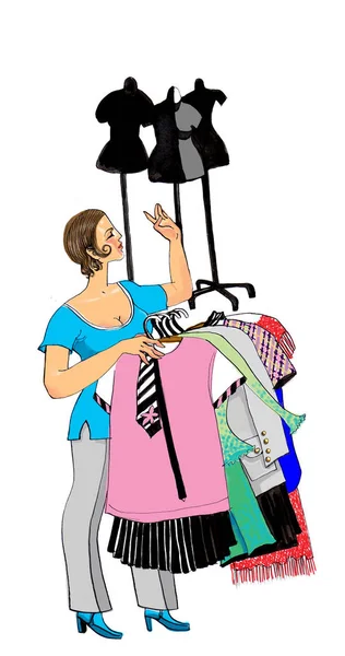 Kolorowy Szkic Ilustracja Stylowa Kobieta Wybierając Odzież Białym Tle — Zdjęcie stockowe