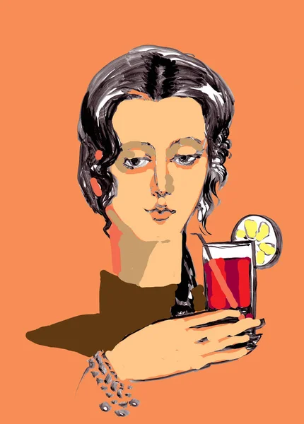 Ilustración Bosquejo Color Hermosa Mujer Joven Con Vaso Cóctel — Foto de Stock