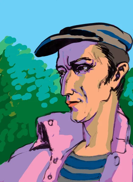 colored sketch illustration of thin man in cap