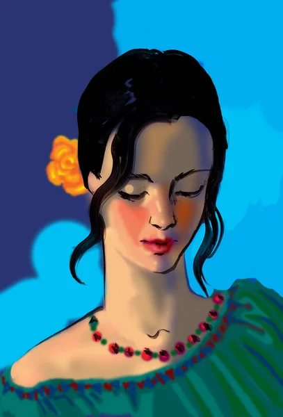 頭の中に花を持つ美しい若いブルネットの女性の色のスケッチイラスト — ストック写真