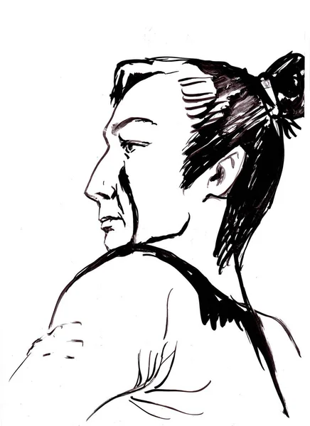 Portraitskizze Eines Asiatischen Mannes Mit Schwanz Auf Dem Kopf Isoliert — Stockfoto