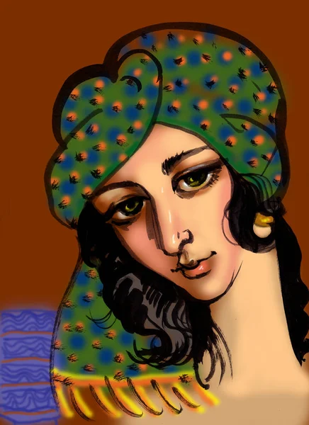 Colored Sketch Illustration Beautiful Woman Napkin Head — Stock Photo, Image