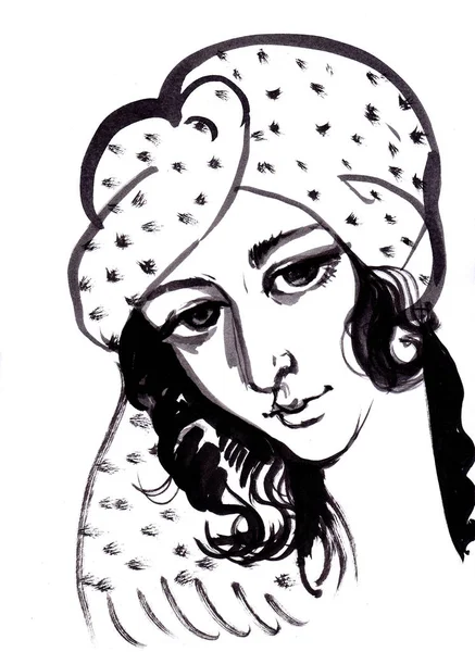 Hermosa Mujer Servilleta Cabeza Retrato Boceto Aislado Sobre Fondo Blanco — Foto de Stock