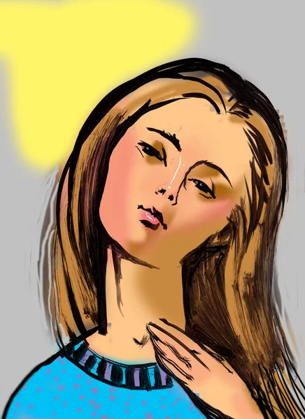 Färgad Skiss Illustration Vackra Unga Kvinna Isolerad Färgad Bakgrund — Stockfoto