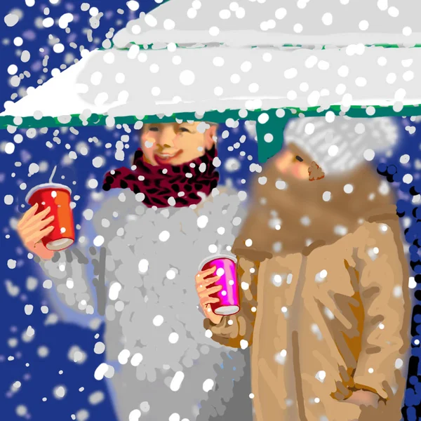 Barevný Náčrt Ilustrace Milenců Pár Chůze Zimní Sněžení Pití Čaje — Stock fotografie