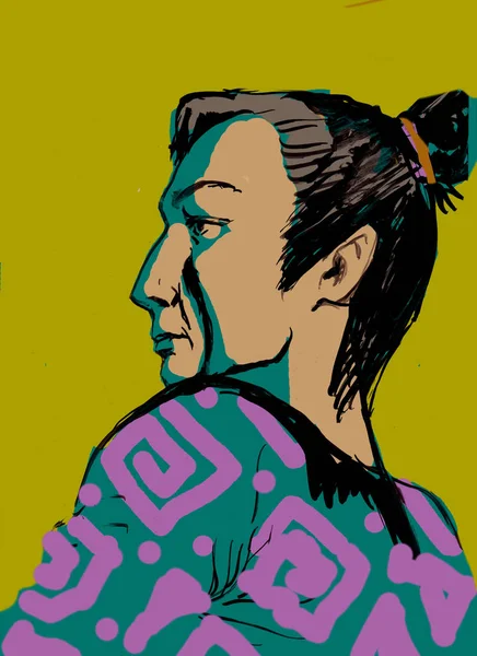 Schizzo Colorato Illustrazione Uomo Asiatico Con Coda Sulla Testa — Foto Stock