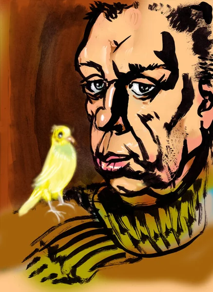Ilustración Bosquejo Color Hombre Guapo Con Loro Amarillo — Foto de Stock