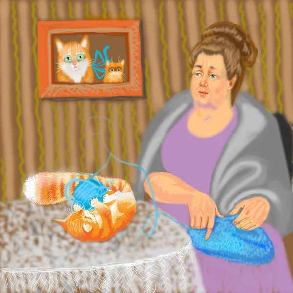 Färgad Skiss Illustration Vacker Vuxen Kvinna Och Söta Katter — Stockfoto