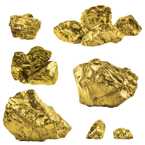 Set goldener Nuggets isoliert auf weißem Hintergrund. verschiedene Goldbarren isoliert auf weißem Hintergrund — Stockfoto