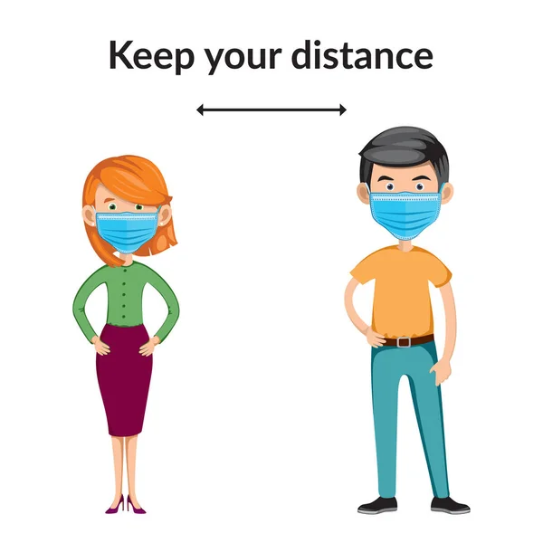 2 man and a woman in face mask stand at a distance from each other. keep their social distance. vector illustration on a white background