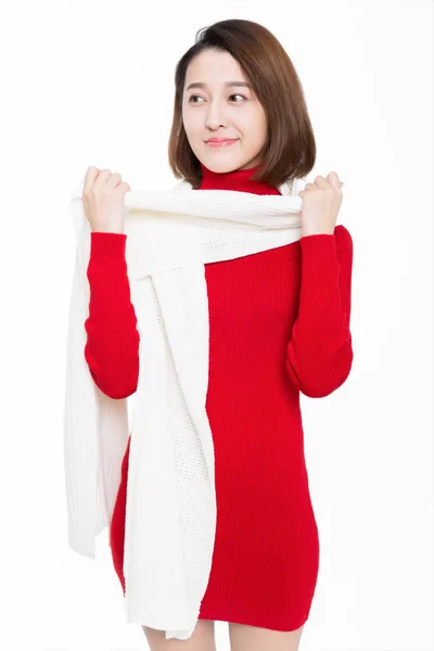 Retrato Mulher Bonita Vestindo Vestido Vermelho Contra Fundo Branco — Fotografia de Stock
